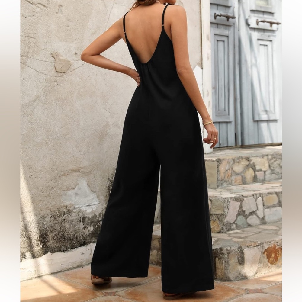 Black Bohemian Backless Loose Wide Leg Cami Ling Pant Jumpsuit Size XS NWT - Picture 6 of 7